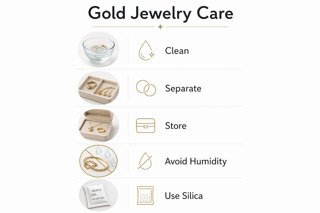 Infographic outlining steps for gold jewelry care