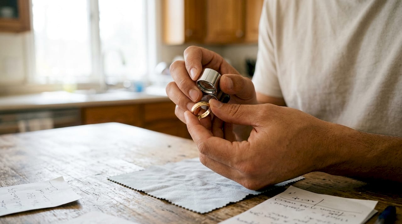 Hands inspecting karat stamp on gold ring with loupe