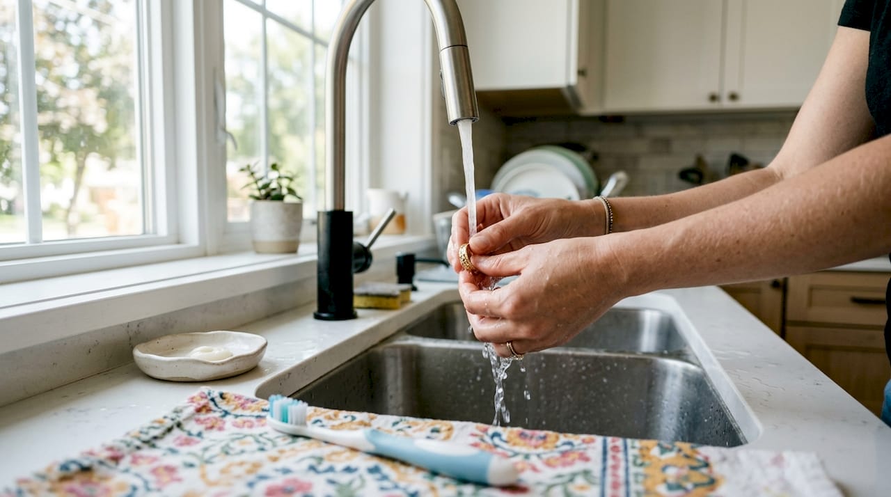 Hands cleaning gold ring safely over closed drain