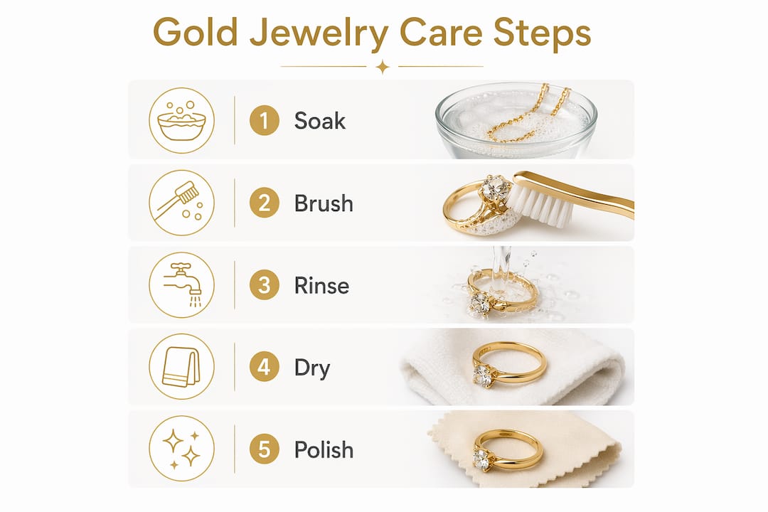 Infographic illustrating gold jewelry cleaning steps