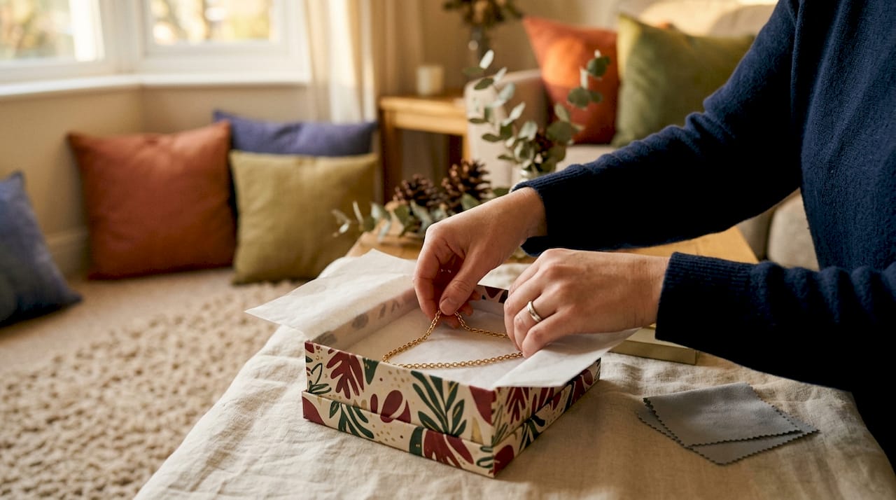 Hands preparing gold chain gift box for birthday