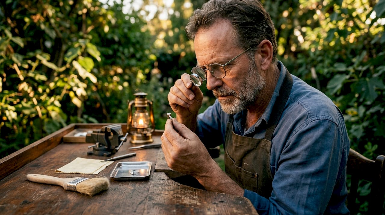 Jeweler inspecting diamond ring in workshop