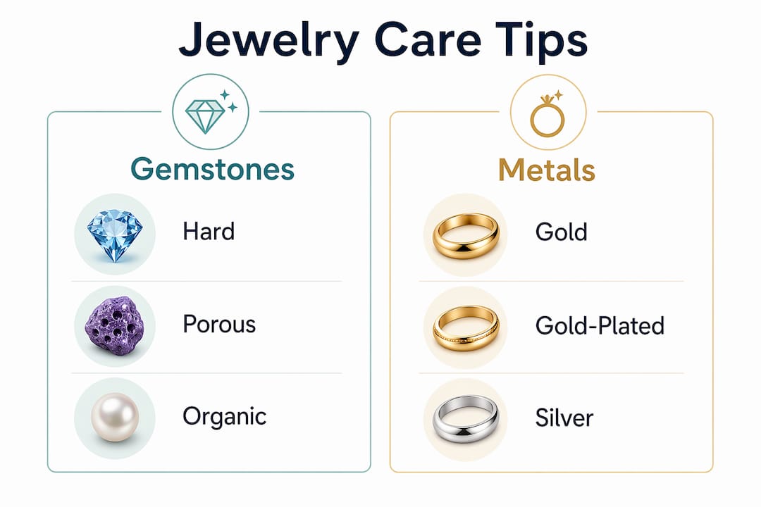 Infographic comparing gemstone and metal care instructions