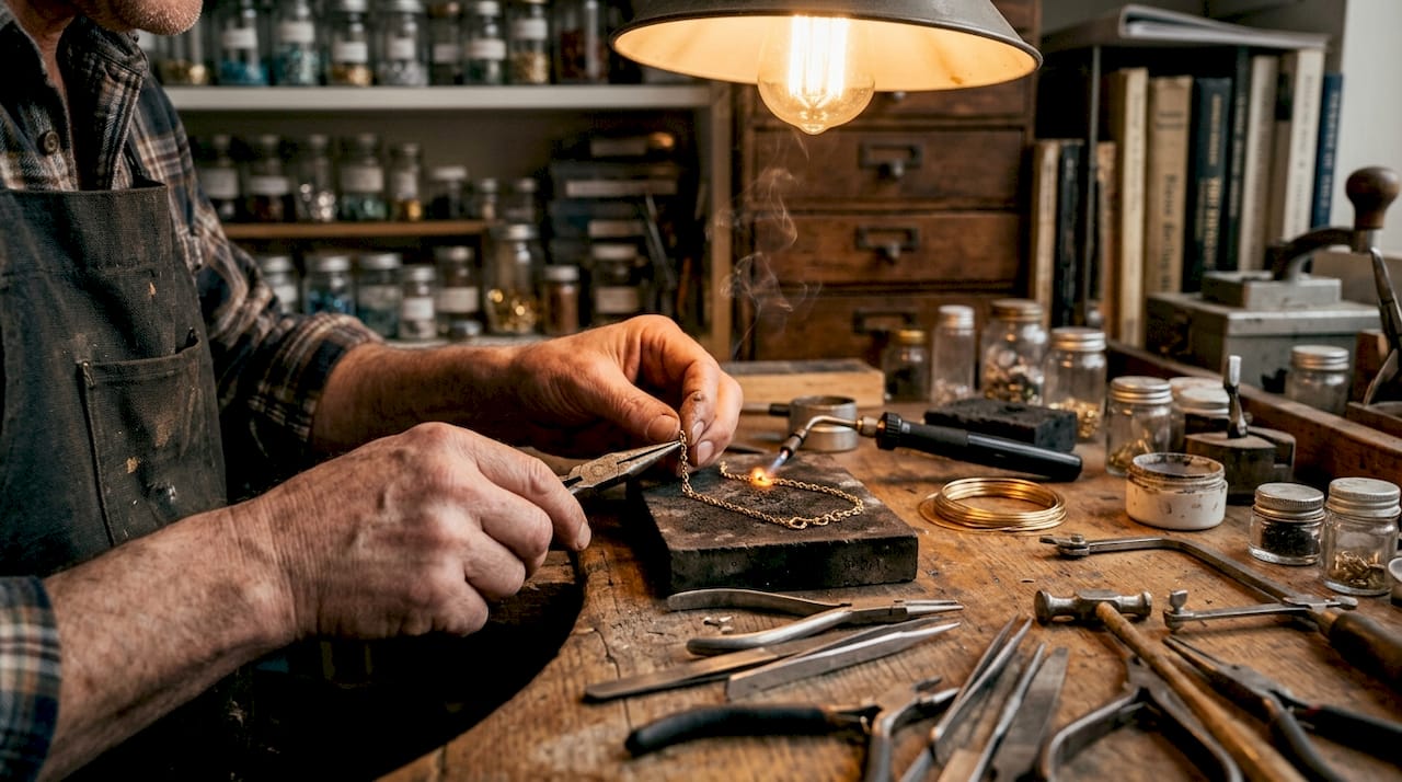 Jeweler repairing delicate gold chain by hand