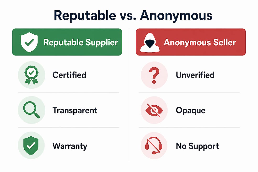 Infographic comparing reputable suppliers vs anonymous sellers