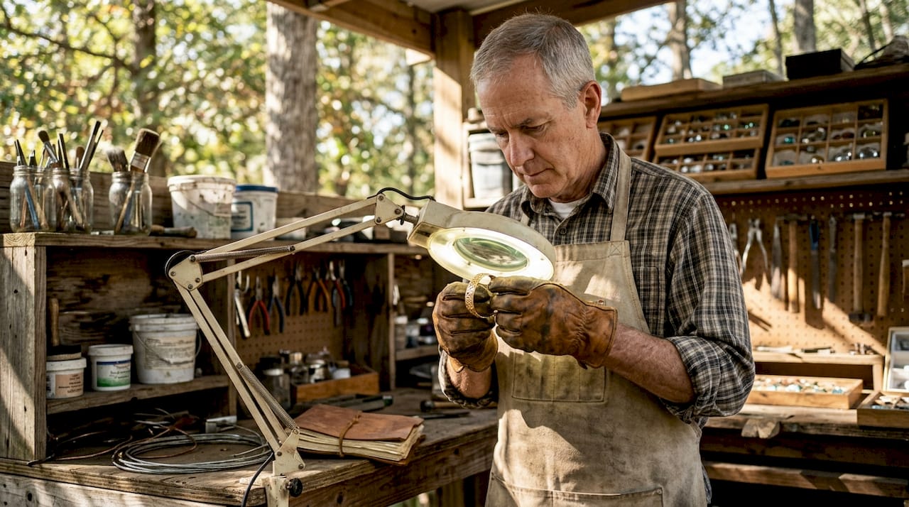 Artisan inspecting gold bracelet karat stamp