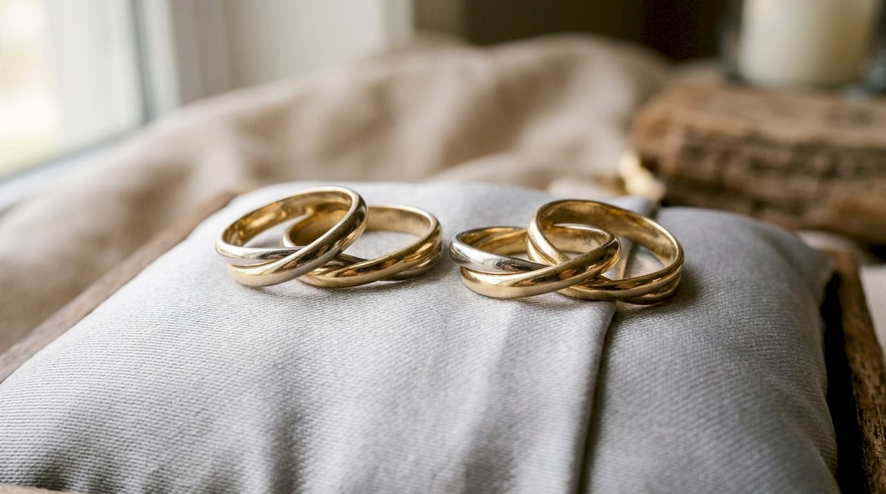 Interlocking rose and yellow gold couple rings on black cushion