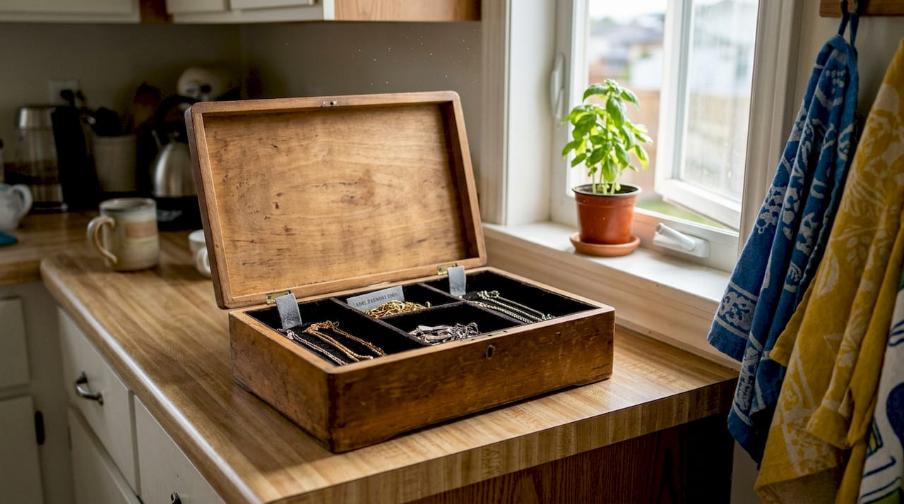 Jewelry box with anti-tarnish strips in humid bathroom setting