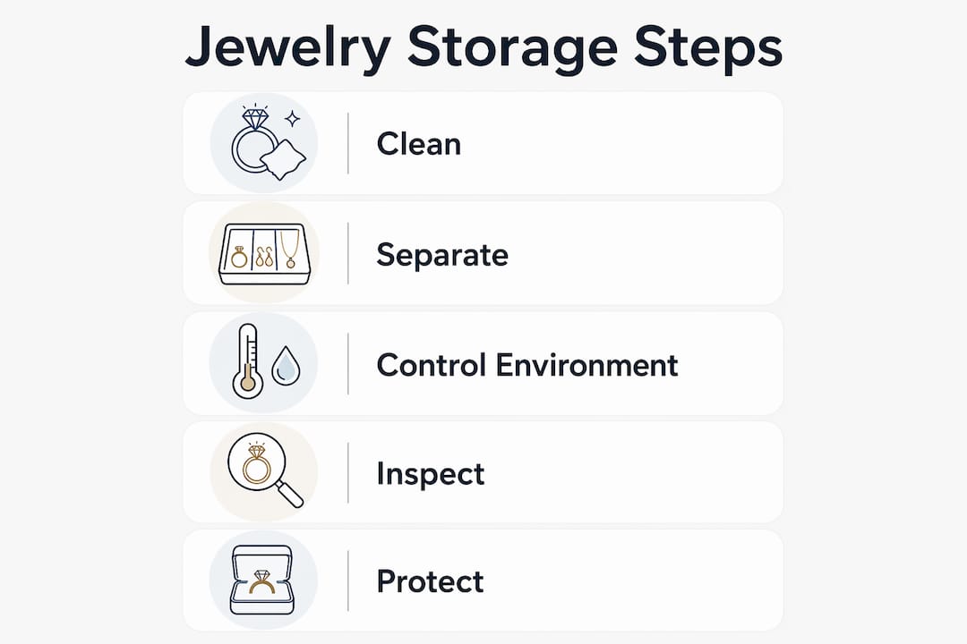 Infographic showing jewelry storage steps from cleaning to protection
