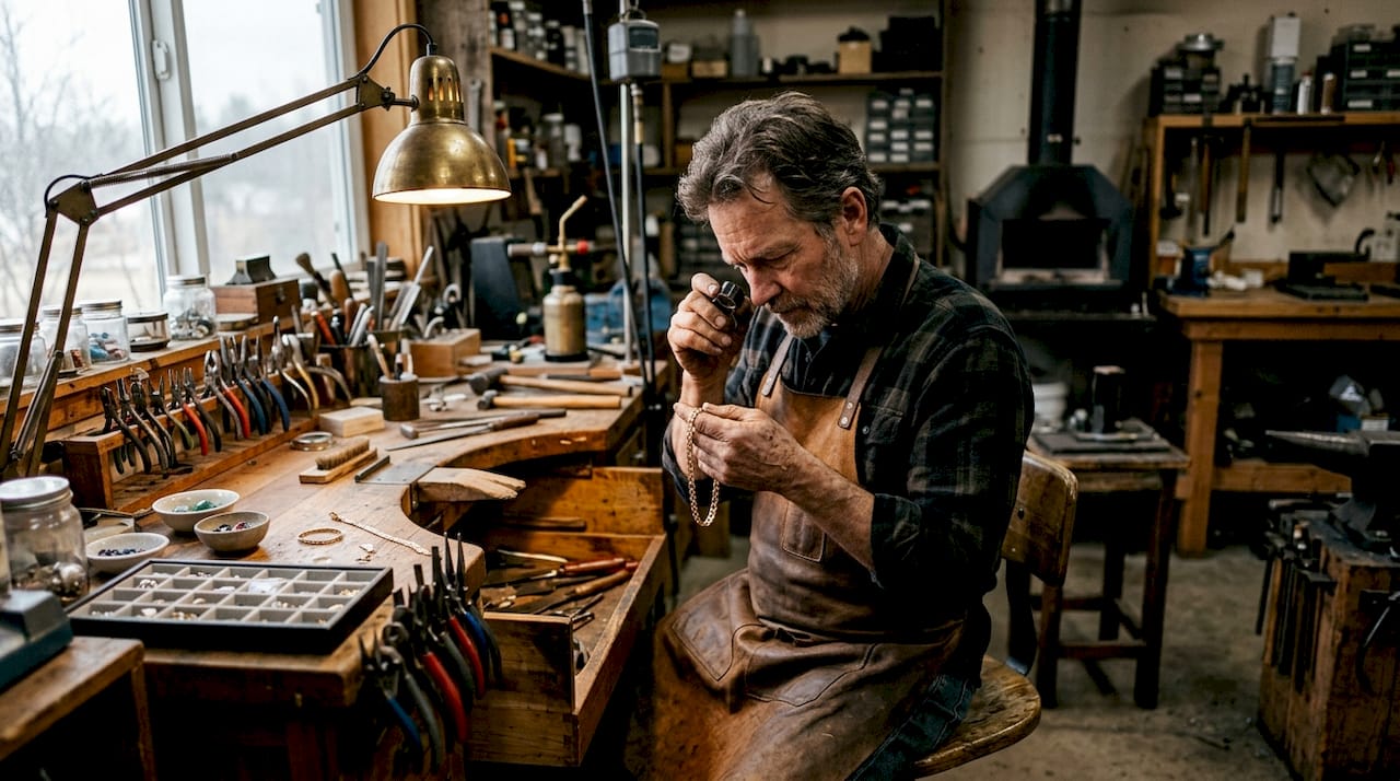 Hands inspecting metal purity stamp on gold bracelet