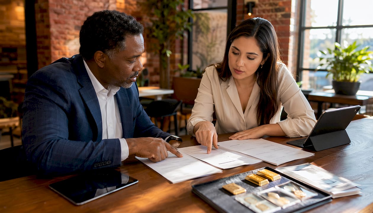 Two professionals reviewing gold certification documents
