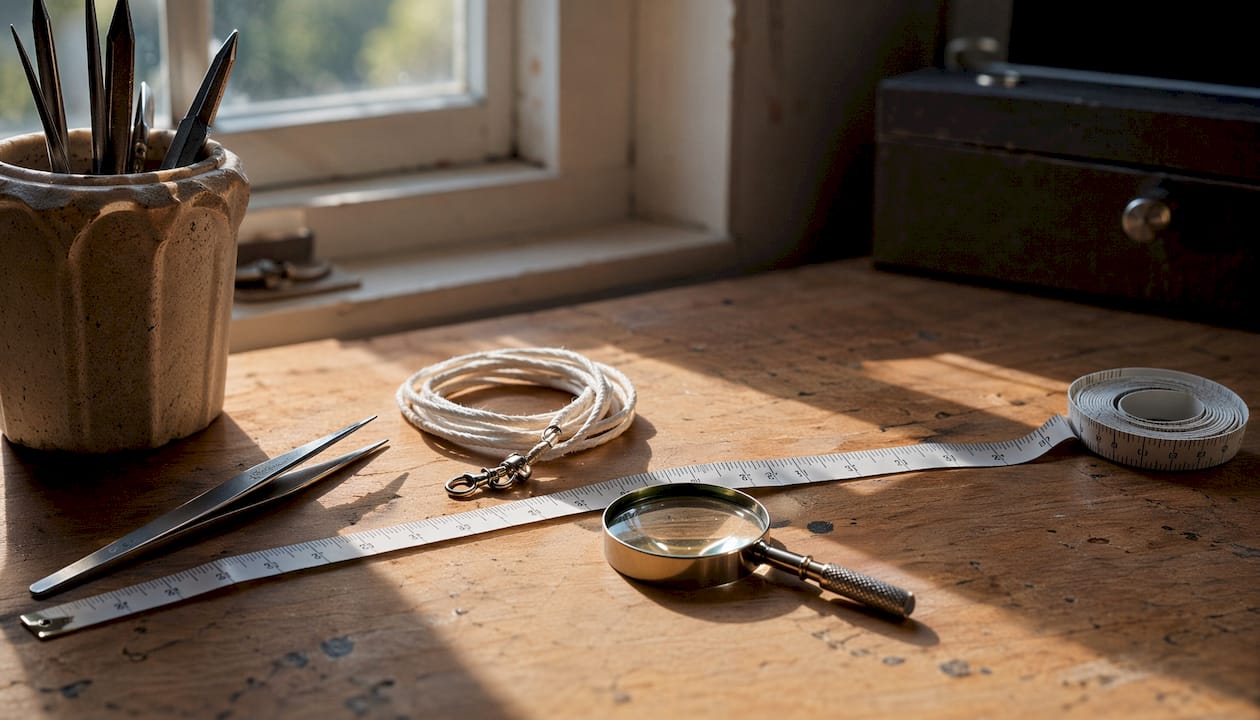 Measuring tools for necklace length on table