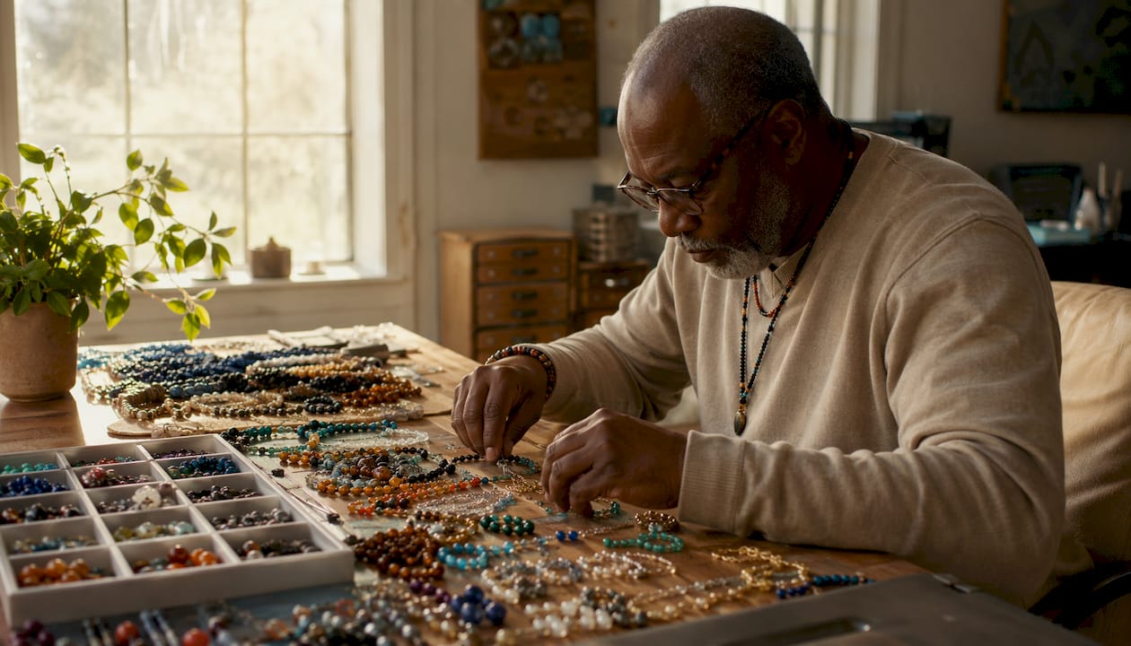 Hands sorting fashion beads and chains on table