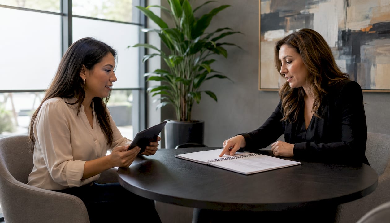 Insurance agent consulting client about jewelry coverage