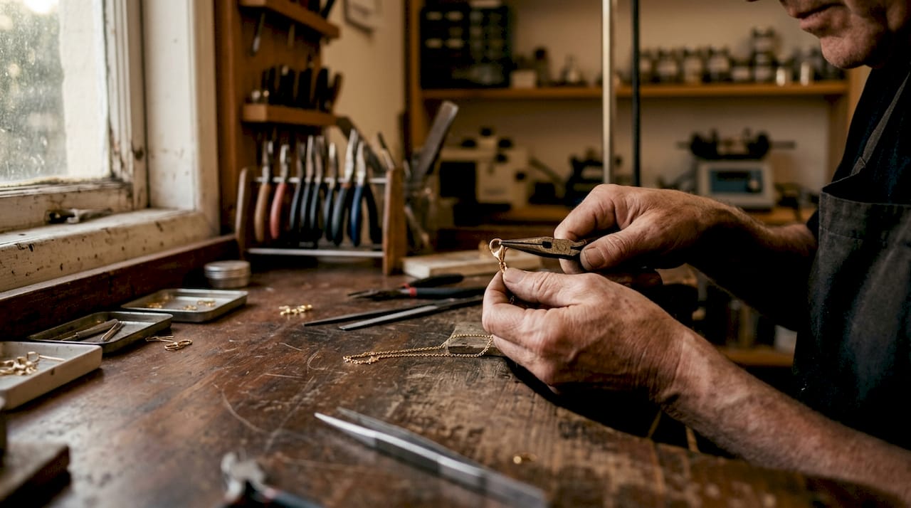 Hands inspecting clasp on gold chain