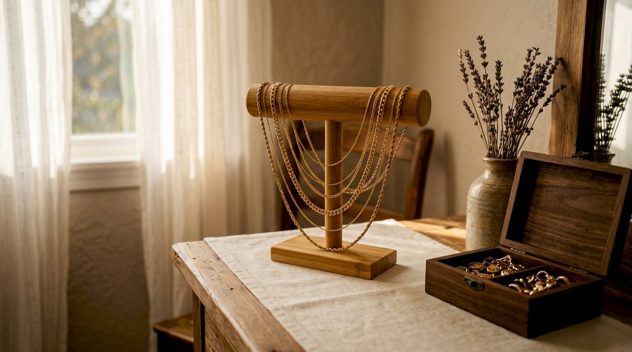 Layered gold chains displayed on jewelry stand