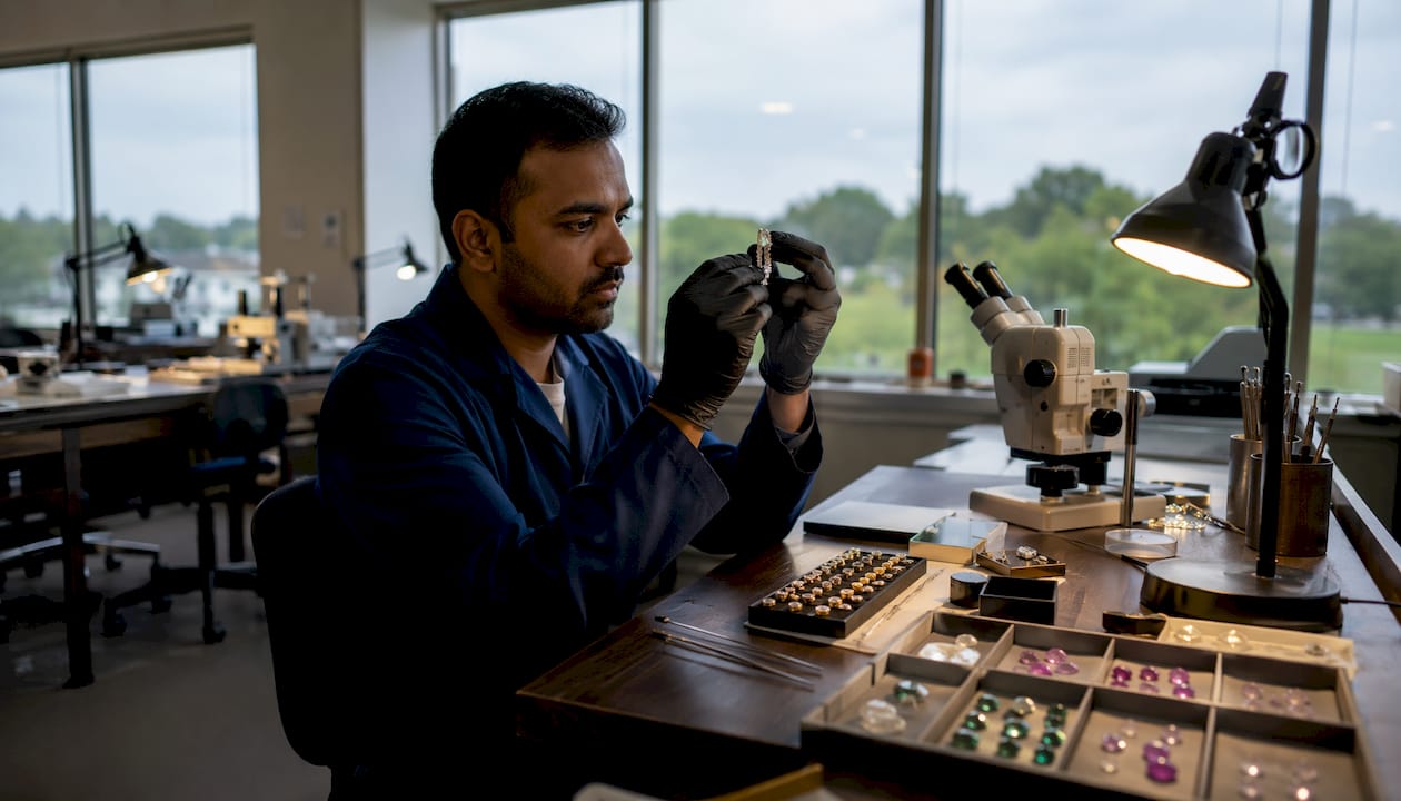 Technician inspecting silver jewelry piece hands close-up