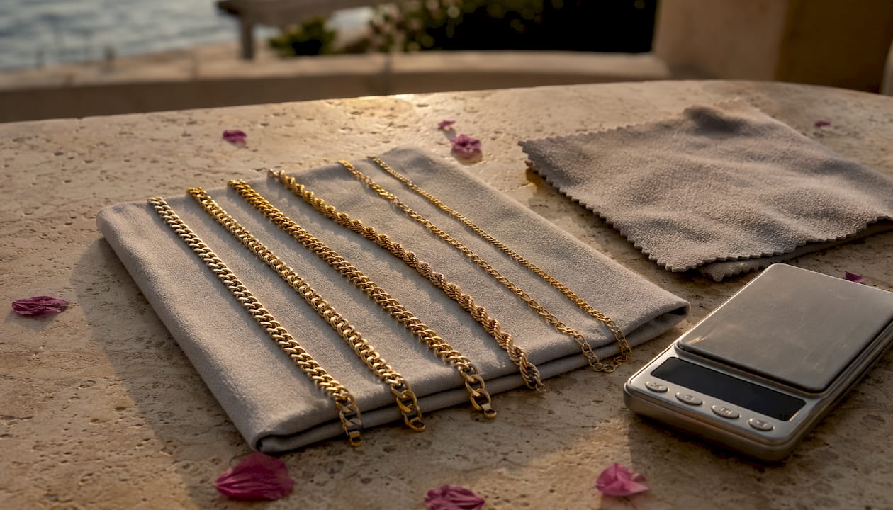 Overhead view of various gold chain styles on cloth