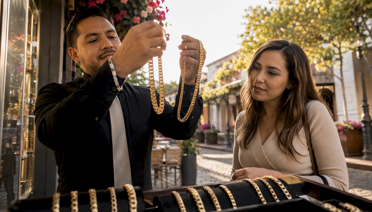 Sales associate comparing solid and hollow gold chains