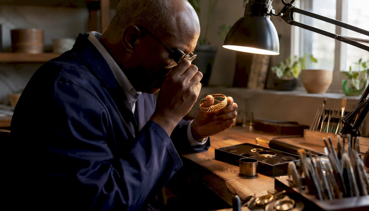 Gemologist inspecting gold jewelry under loupe