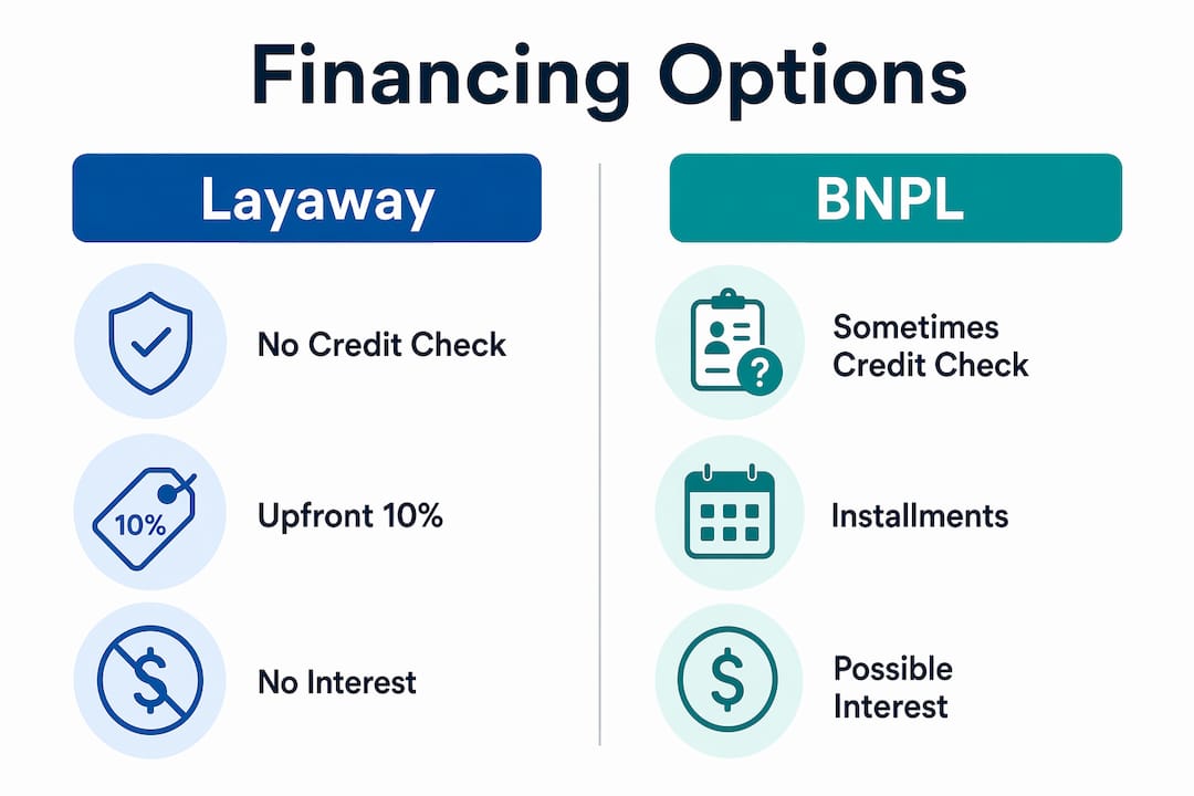 Infographic comparing layaway and BNPL gold financing options