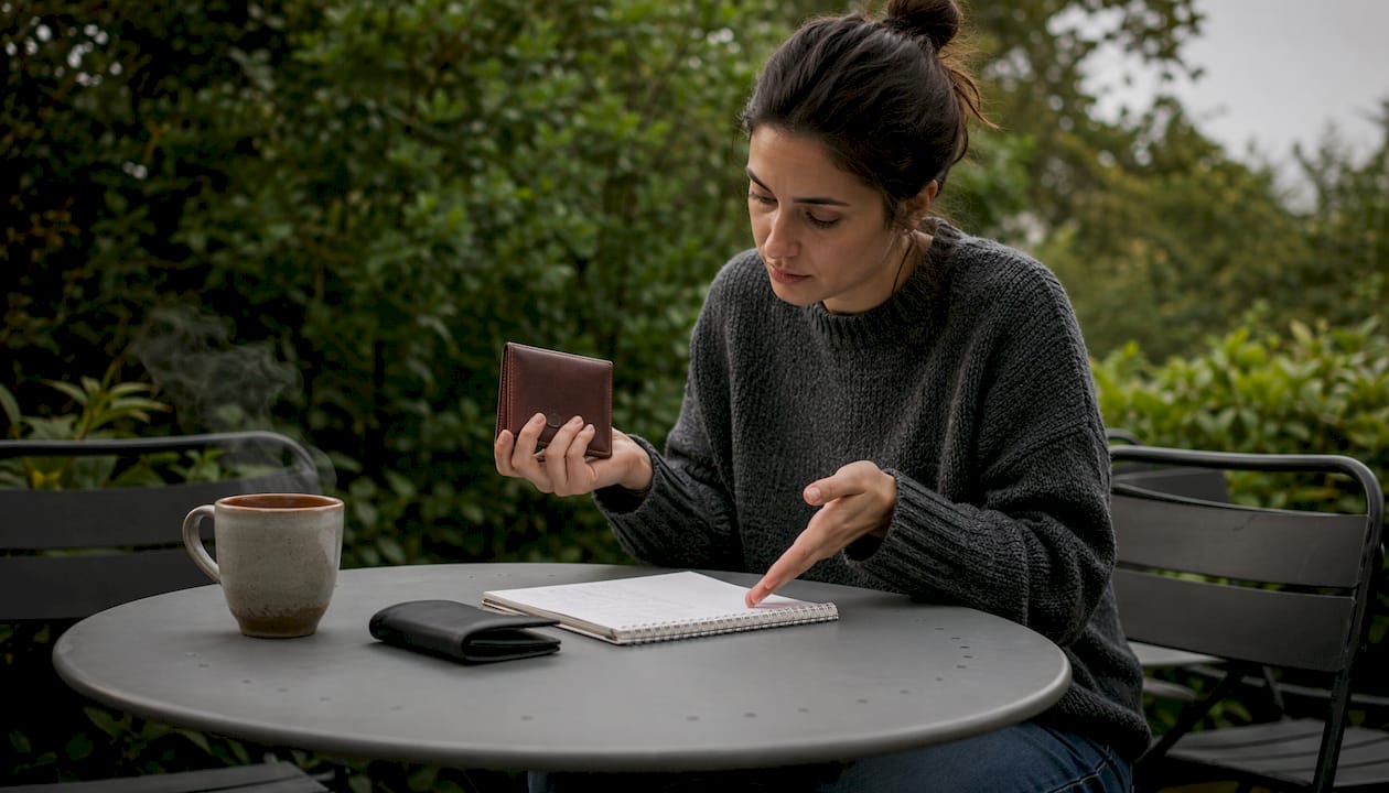 Woman comparing costs of wallets at café