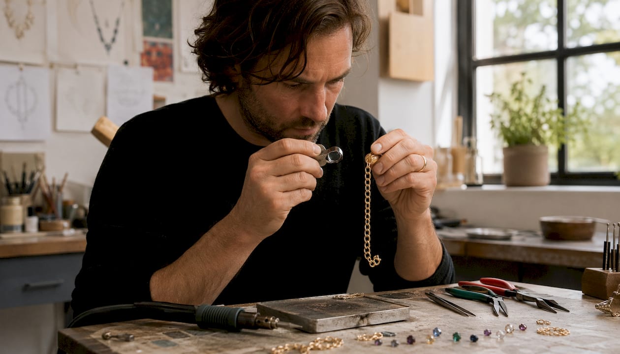 Craftsman inspecting solid gold chain links