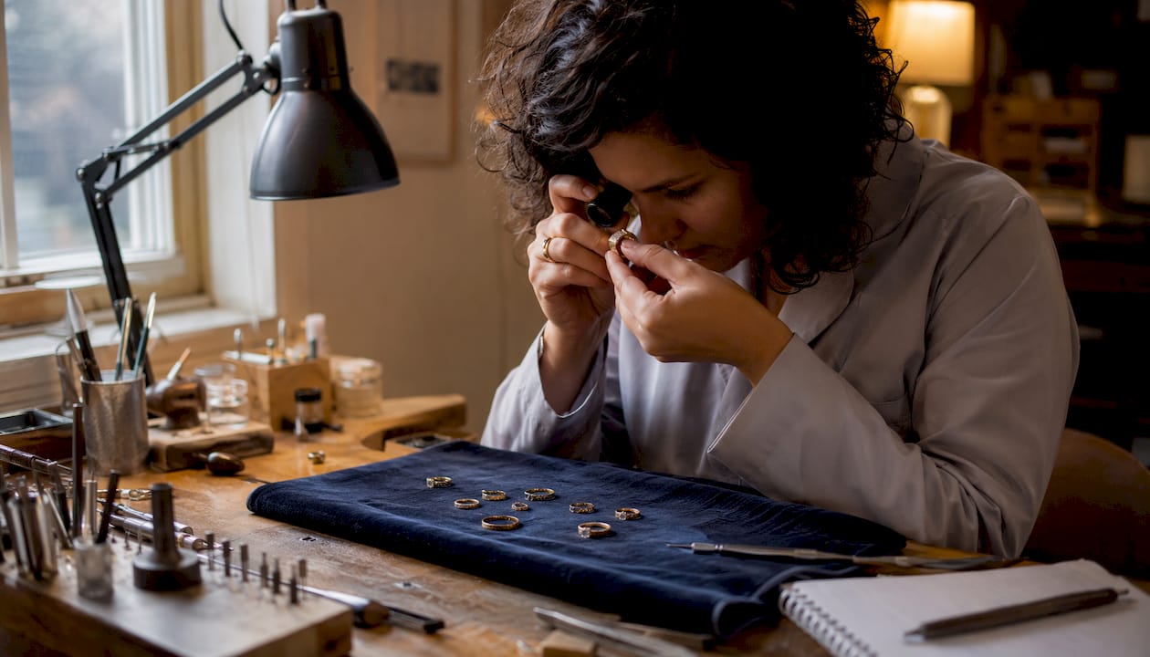 Jewelry expert examining yellow gold rings for karat purity