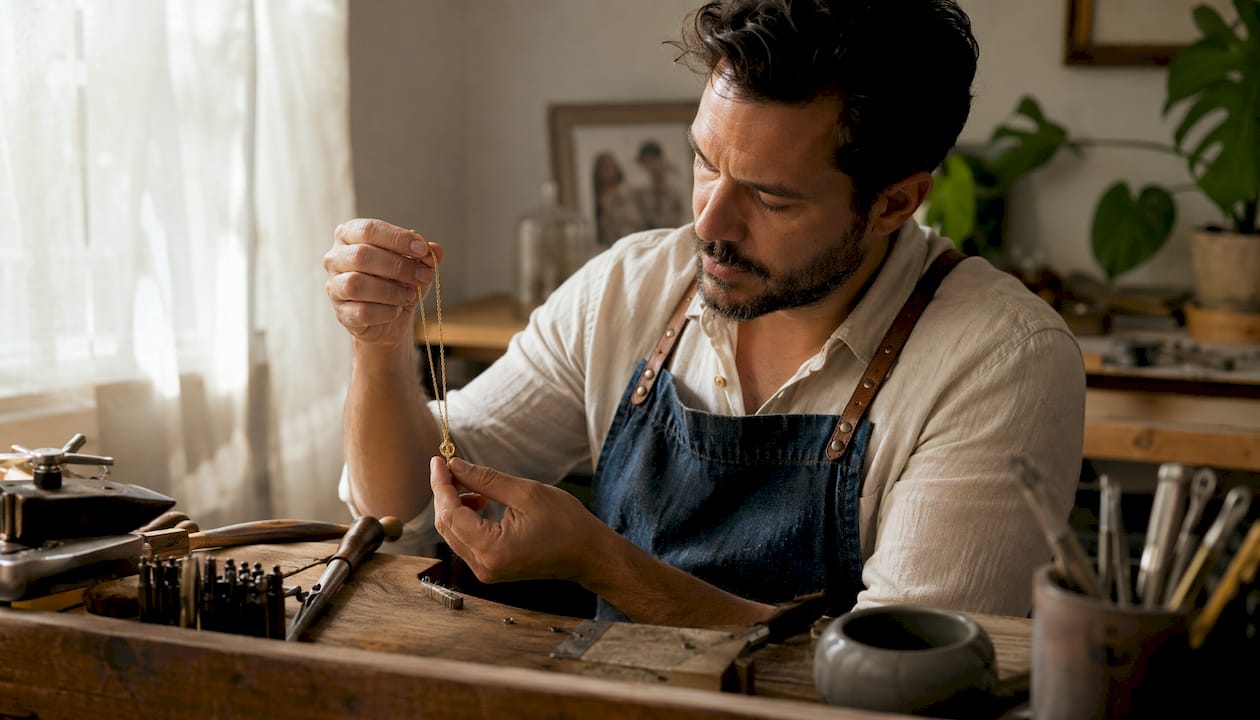 Jeweler examining 14K gold chain up close