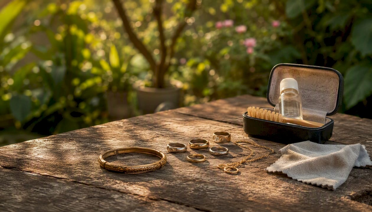 Worn gold jewelry with cleaning kit