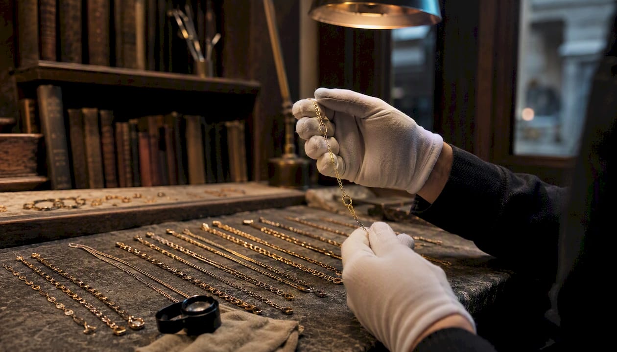 Jeweler inspecting gold chains at workstation