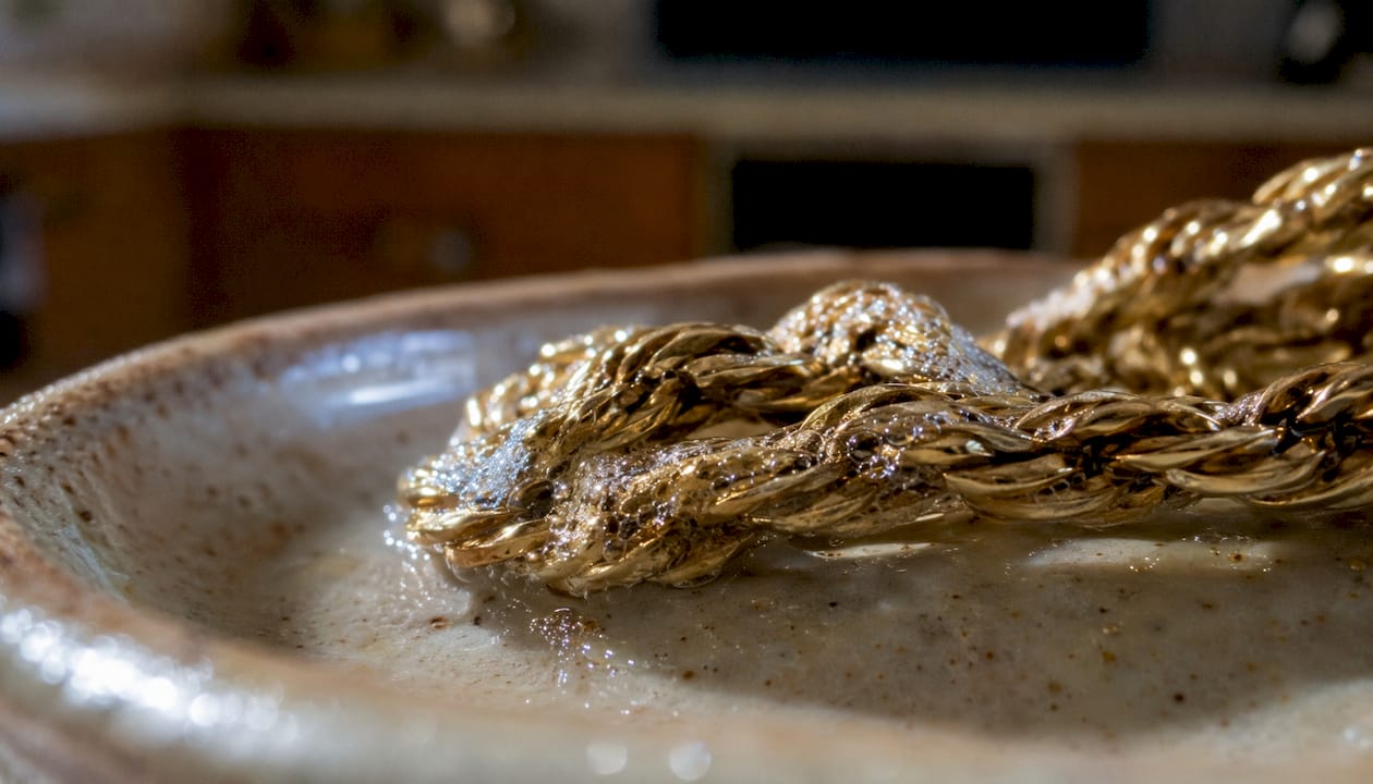 Close-up gold chain with soap residue buildup