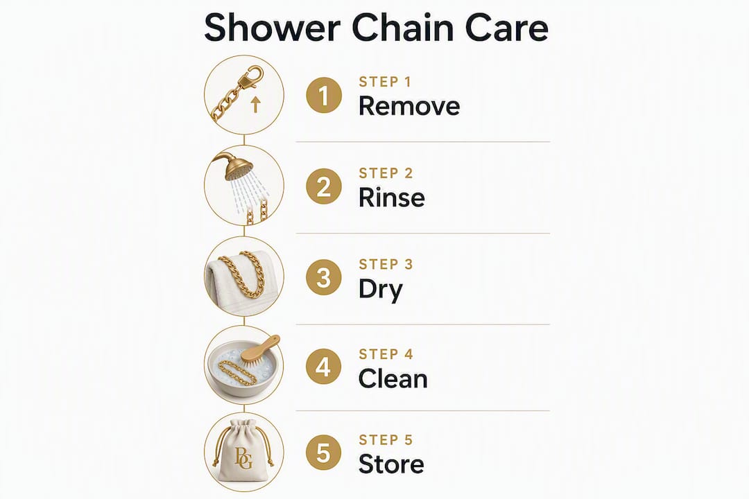 Infographic depicting step-by-step gold chain shower care routine