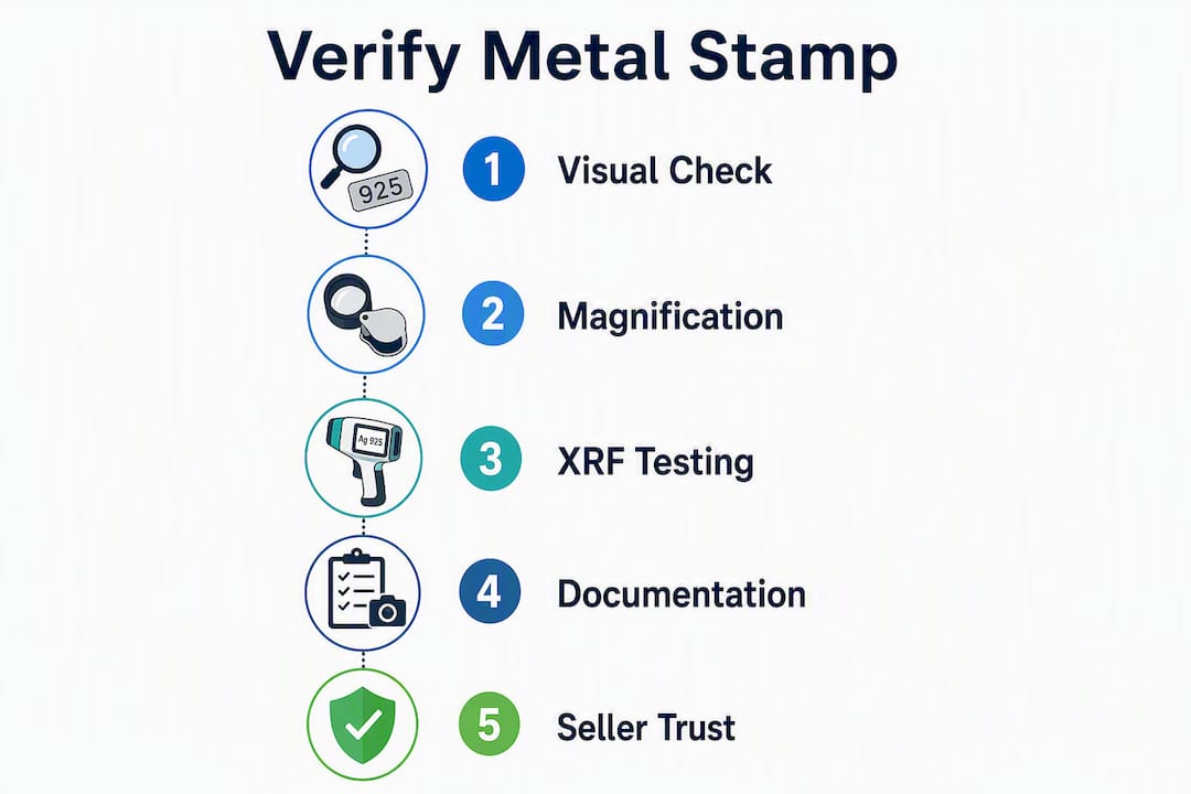 Infographic showing steps to verify jewelry metal stamps