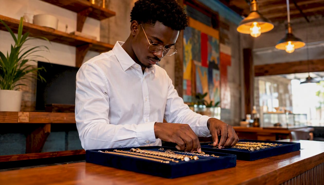 Jewelry associate arranging gold chains behind display case