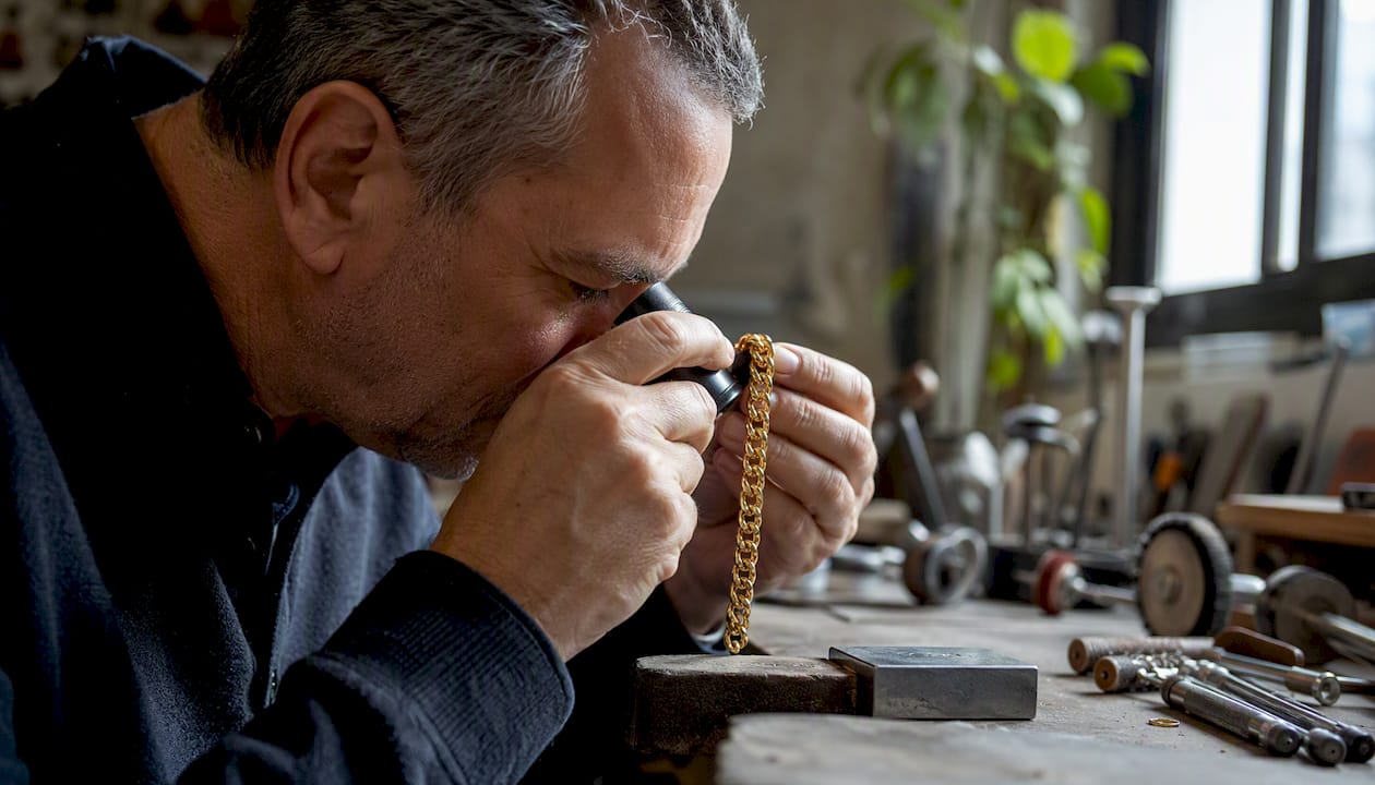 Jeweler inspecting gold chain for quality