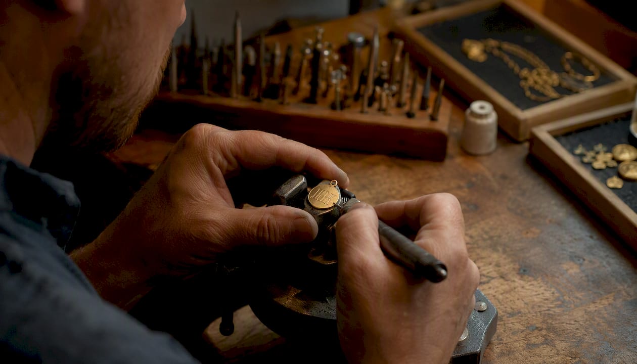 Jeweler engraving gold pendant by hand