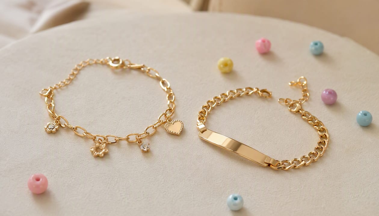Gold charm and ID bracelets on neutral background