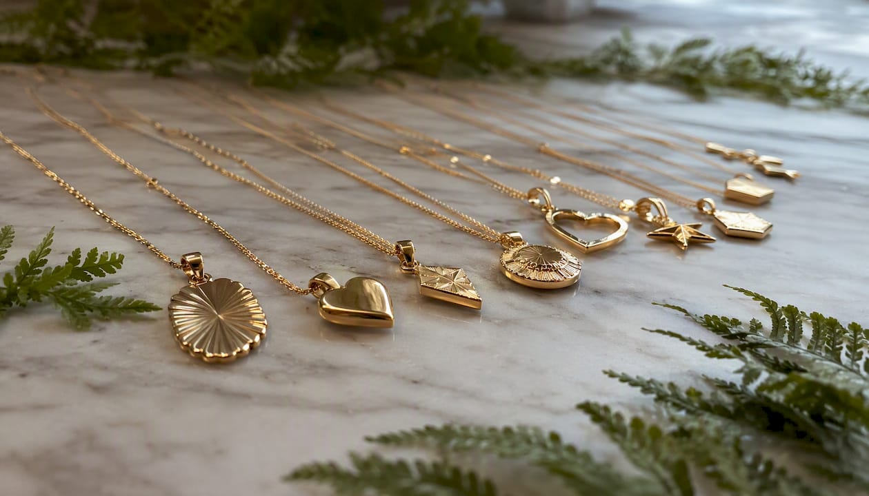 Collection of gold pendant necklaces on wood