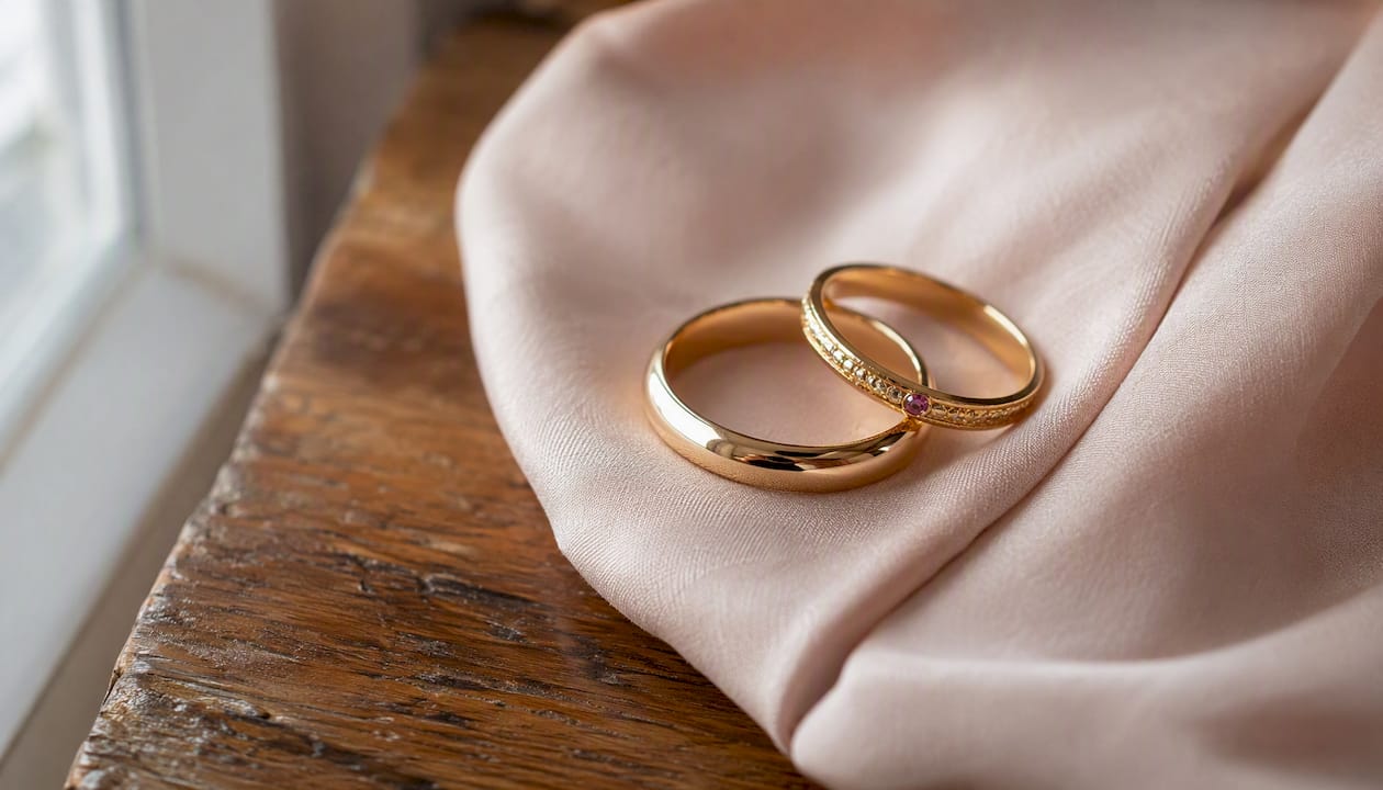 Close-up of gold rings on cloth