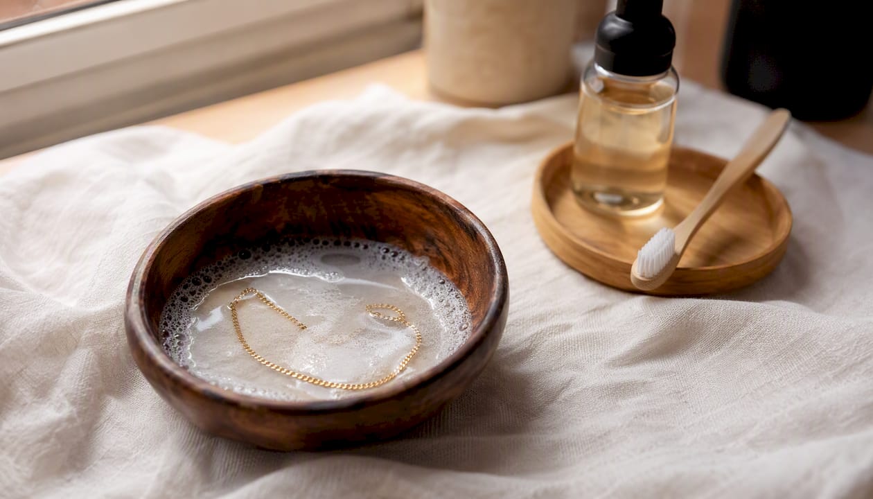 Gold chain soaking in mild soap water