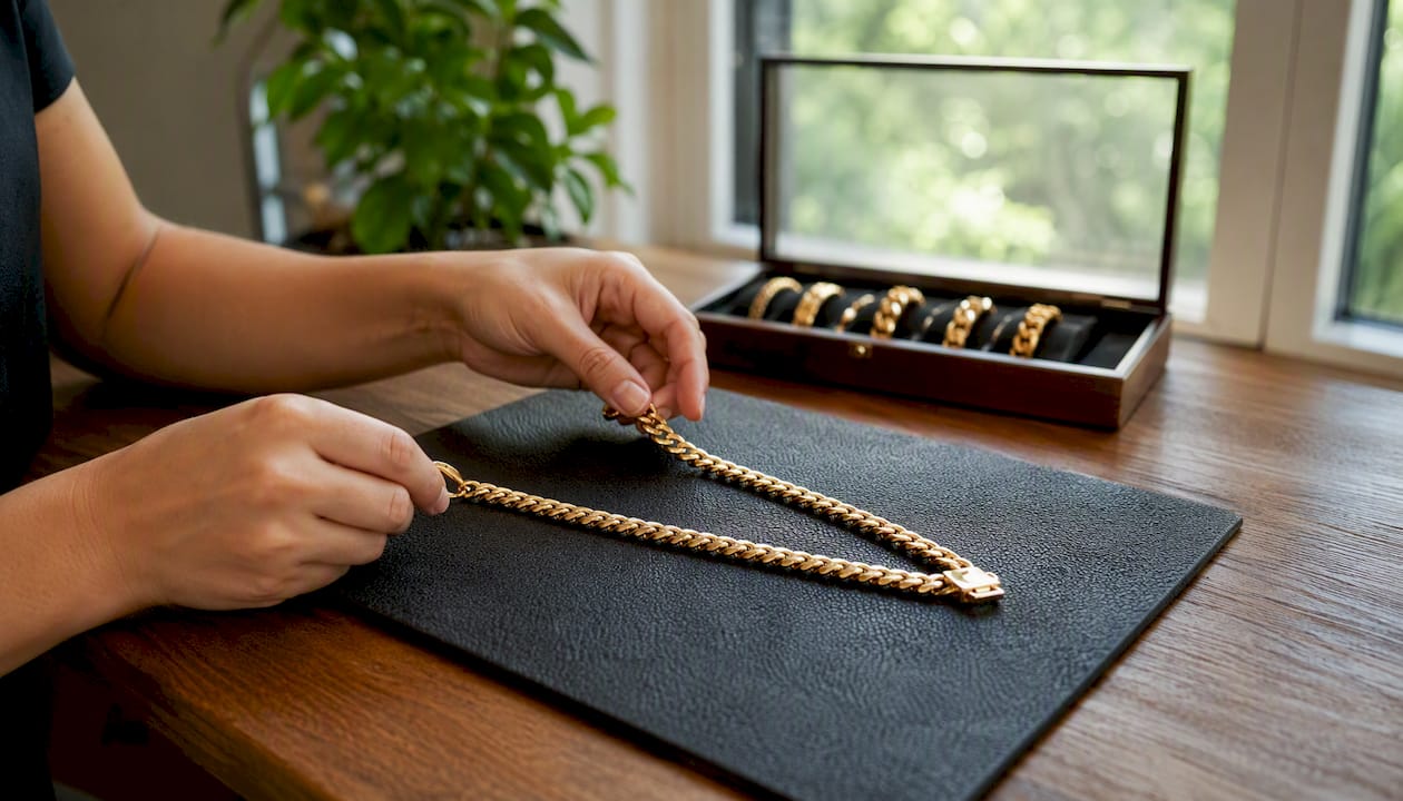 Hands laying gold chain flat for care