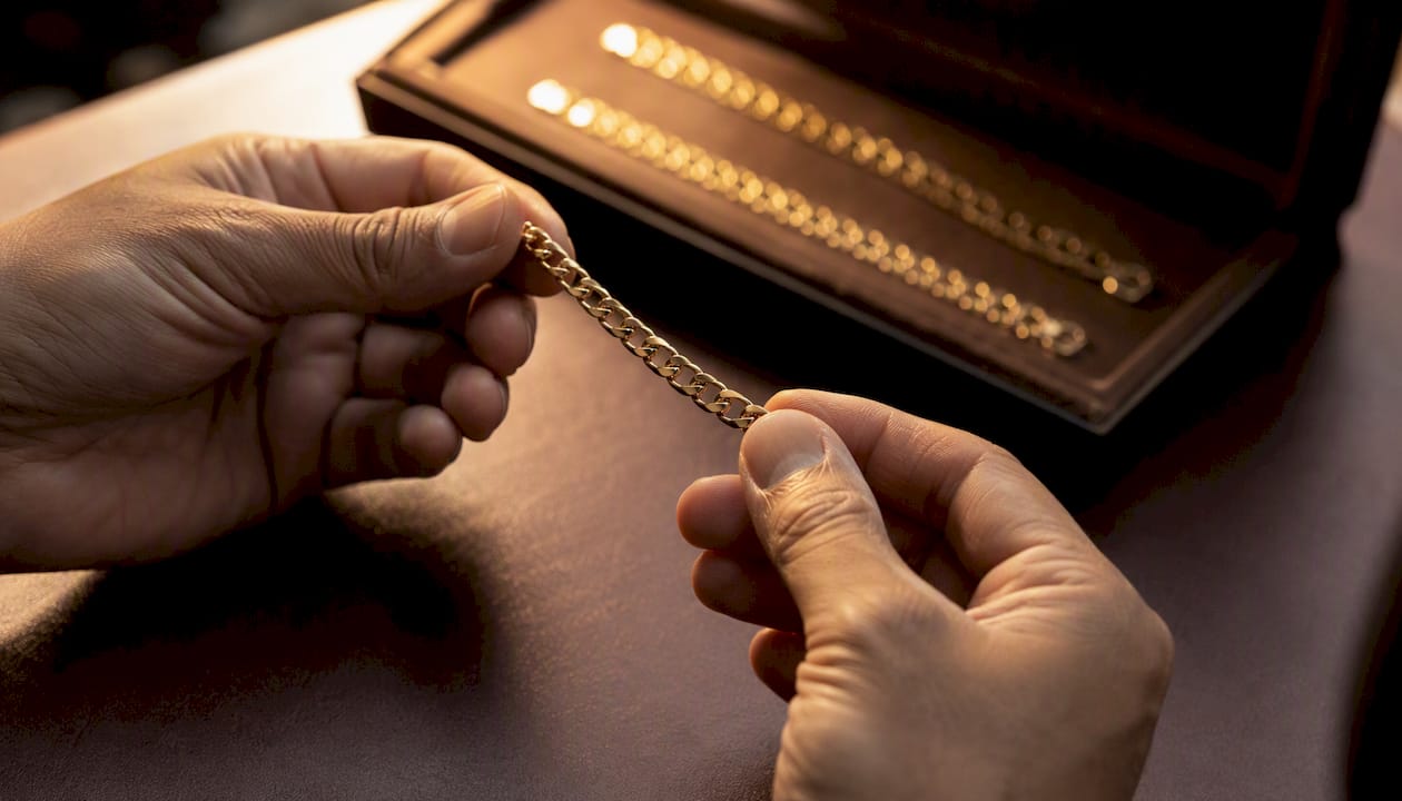 Jeweler’s hands inspecting gold chain craftsmanship