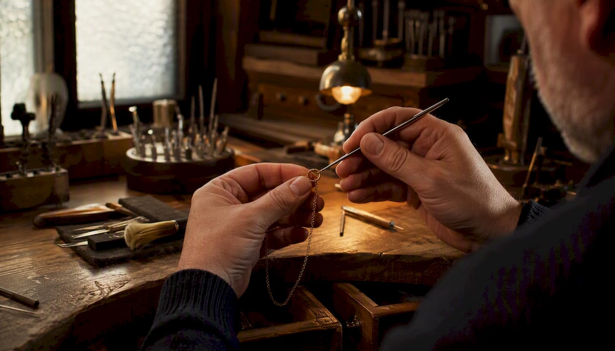 Jeweler repairing gold chain spring ring clasp
