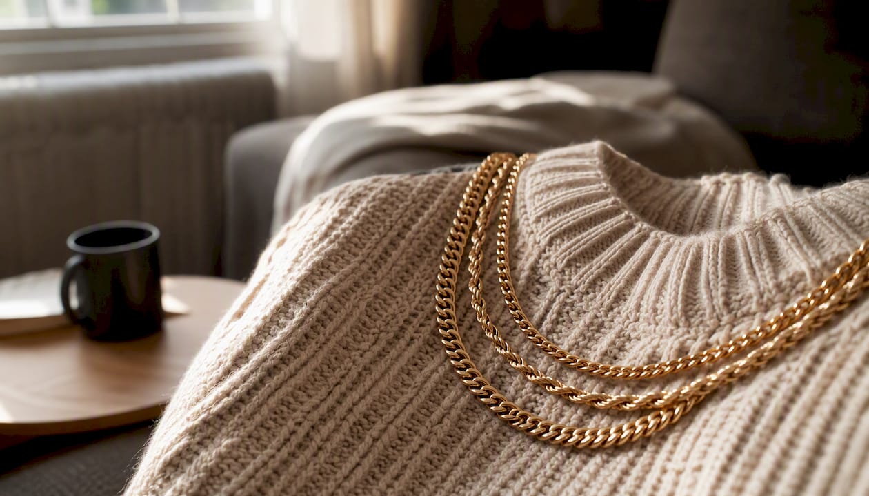 Medium-width gold chains layered over knit sweater