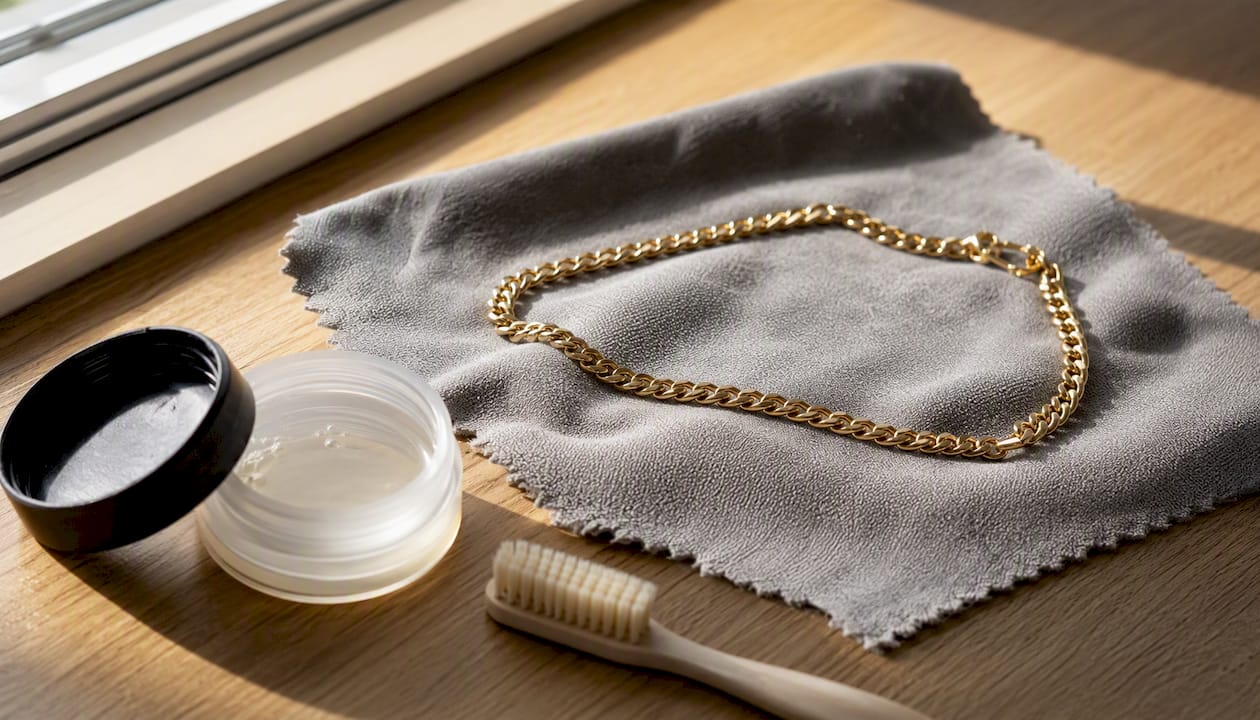 Gold chain drying on microfiber cloth
