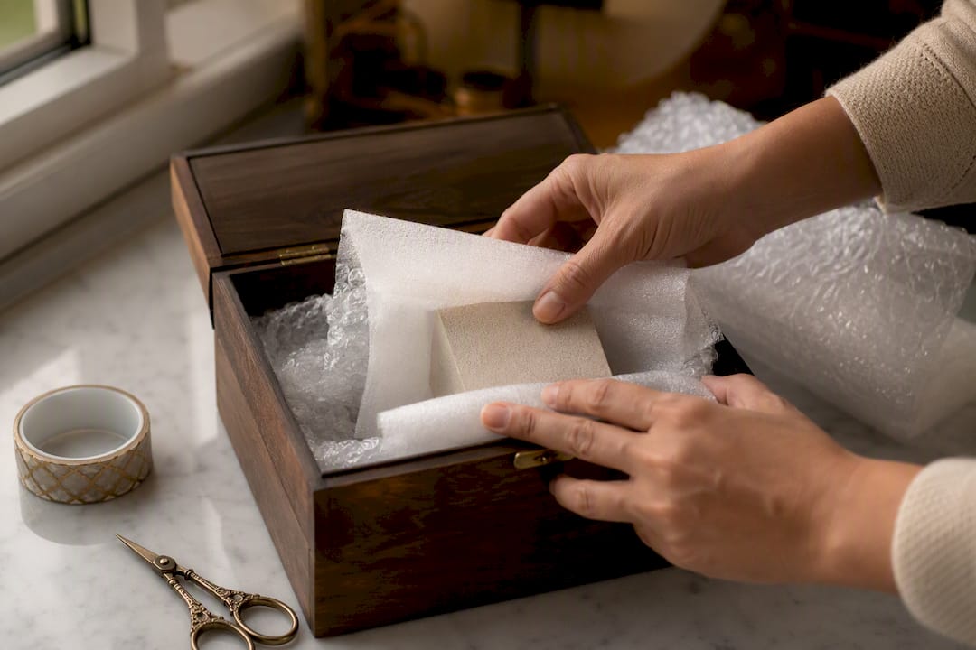 Hands adding padding around jewelry box