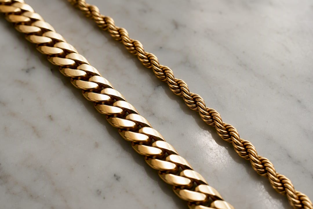 Close-up comparing gold Cuban and rope chain styles