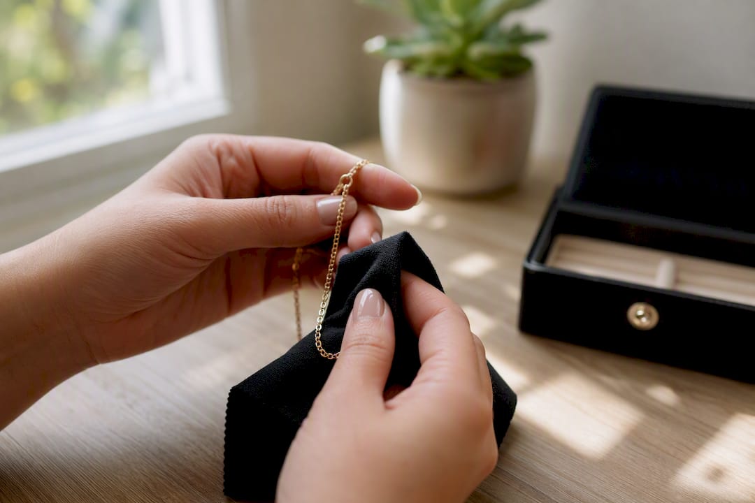 Wiping gold chain with soft cloth