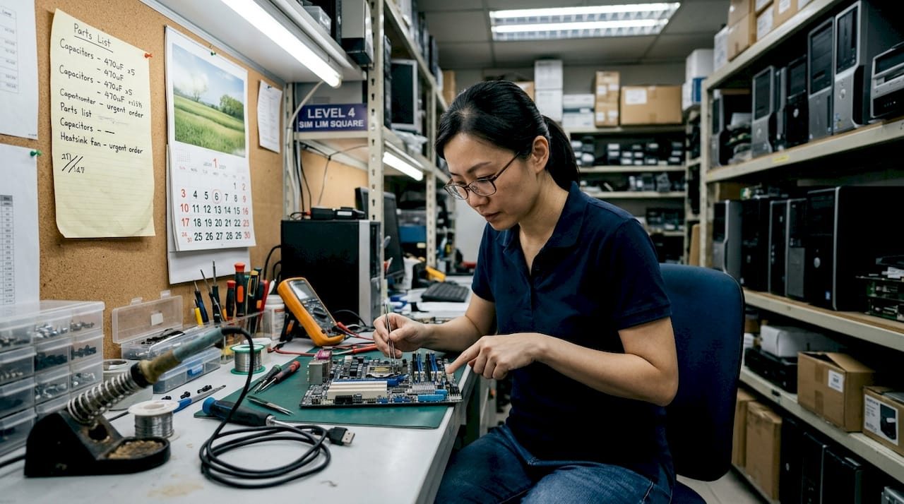 Technician fixing computer on Sim Lim upper floor